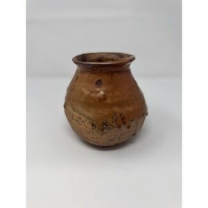 Vintage handmade pottery vase small rare signed brown drip glaze MCM Studio